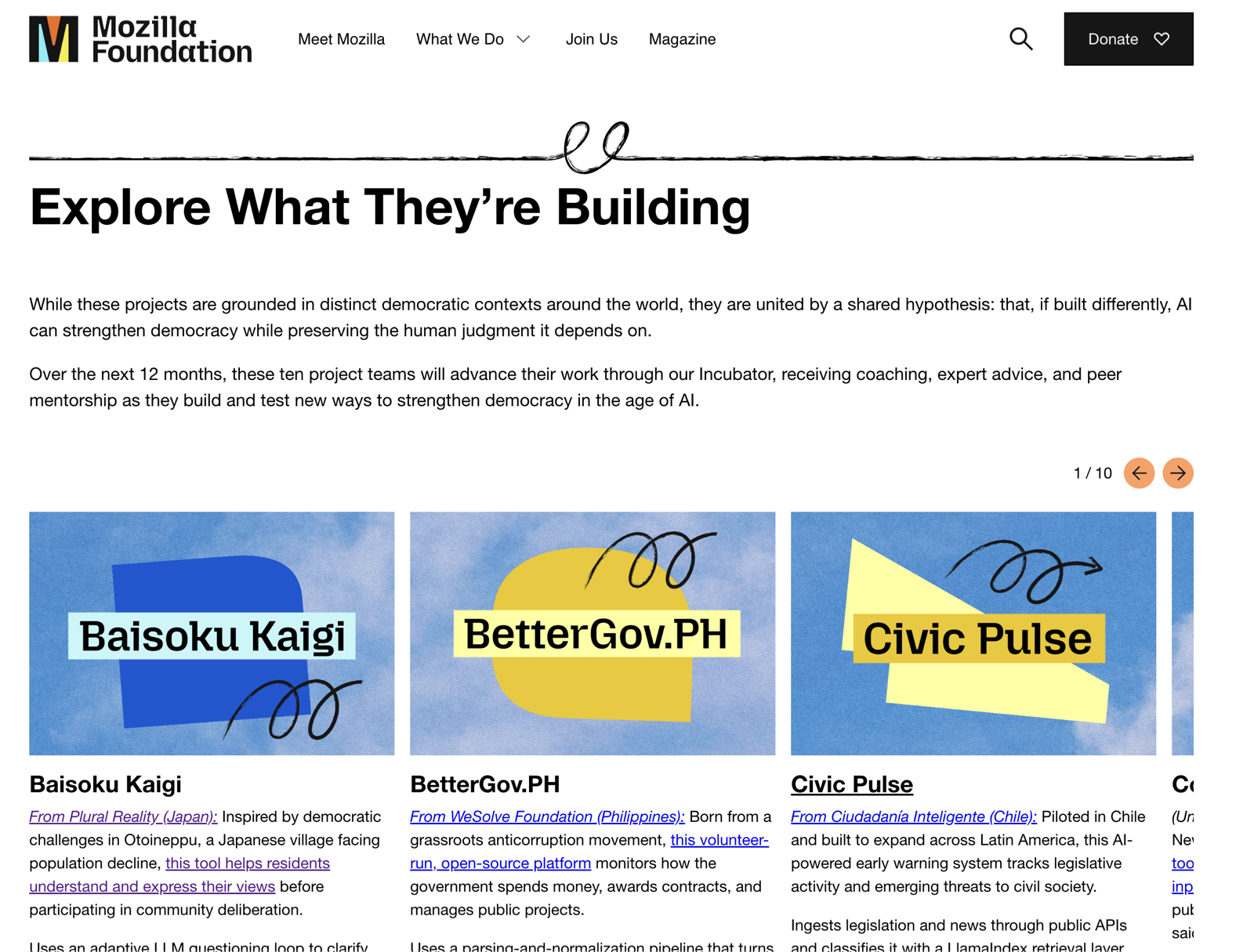 採択チーム一覧に並ぶ「Baisoku Kaigi(Plural Reality・Japan)」(出典:Mozilla Foundation)